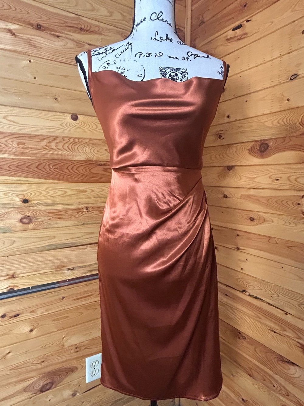Satin Cowl-Neck Midi Dress in Copper
